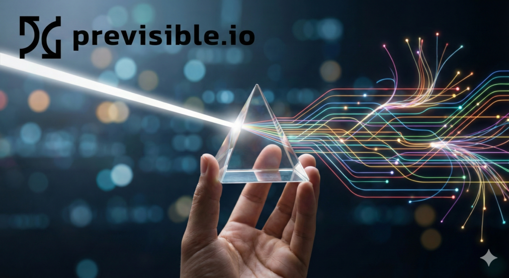 A hand holds a glass prism with a beam of light splitting into colorful lines, symbolizing clarity through Previsible AI; the logo and text “previsible.io” appear in the top left corner against a blurred background.