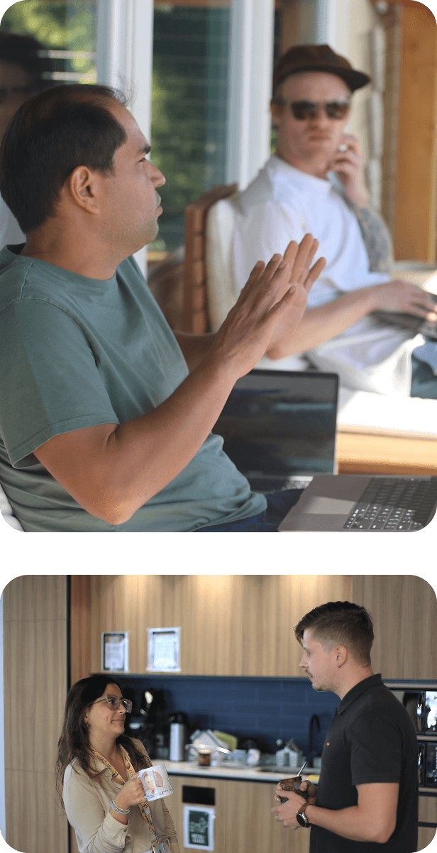 Two people talk discussing SEO strategy