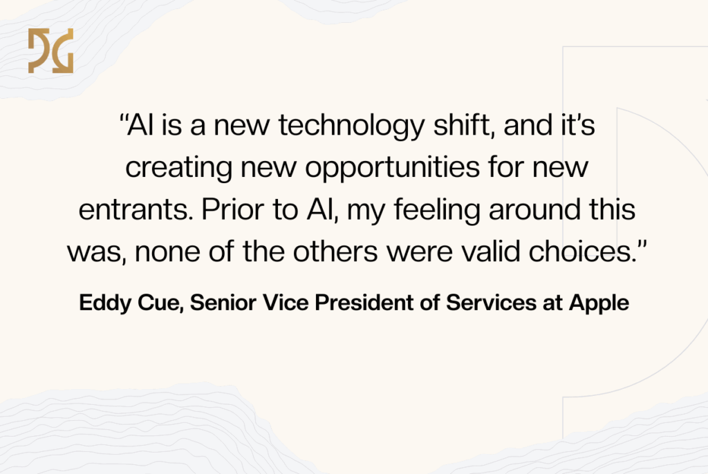 A quote attributed to Eddy Cue, Senior Vice President of Services at Apple, discusses AI Search as a technology shift creating new opportunities.