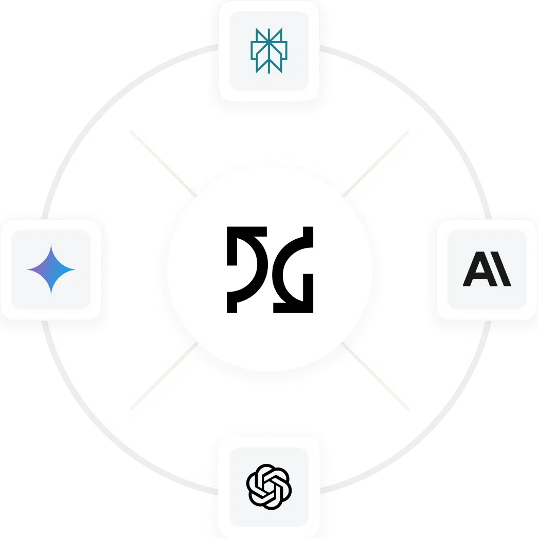 A central circular logo is surrounded by four different logos, each placed at the top, bottom, left, and right positions around the circle.
