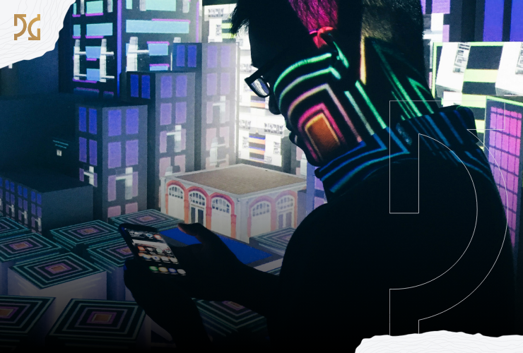 A person holding a smartphone stands in a dark room with colorful geometric light projections on their face and a cityscape backdrop, symbolizing the emerging influence of AI search on our digital lives. Photo by Kelvin Han on Unsplash.