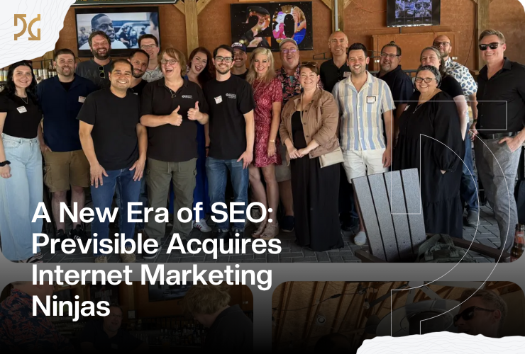 A group of people pose together indoors, smiling at the camera. Text overlay reads: "A New Era of SEO: Previsible Acquires Internet Marketing Ninjas," marking a major moment in the world of Internet Marketing.