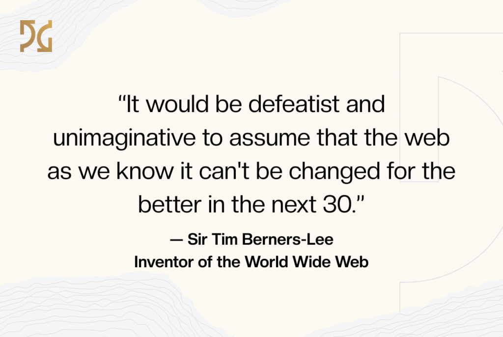 A quote by Sir Tim Berners-Lee about the future of the web, displayed on a light background with abstract line patterns, a gold monogram logo in the corners, and subtle SEO insights for modern inspiration.
