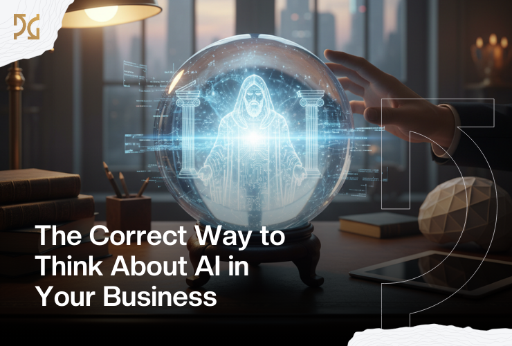A person’s hand reaches toward a glowing crystal ball displaying a digital hologram, with the text “The Correct Way to Think About AI in Your Business”—the perfect inspiration for any forward-thinking freelancer or librarian.