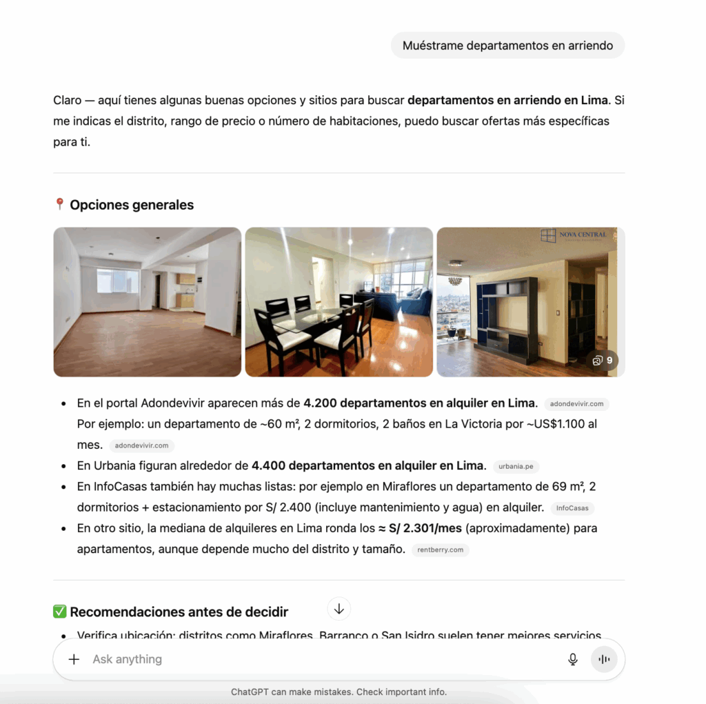 Screenshot of a webpage listing rental apartment options in Lima, Peru, with photos of interiors, price ranges, and general information about available listings.