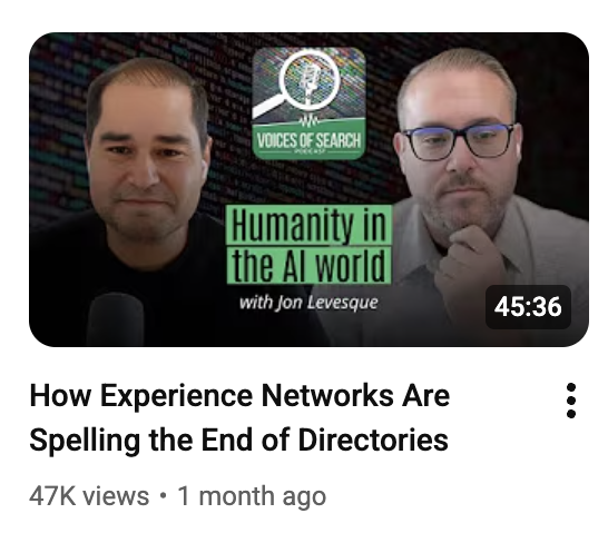 Two men appear on a podcast thumbnail titled "Humanity in the AI world with Jon Levesque," discussing topics from the 2025 Annual Report, with the video duration shown as 45:36.