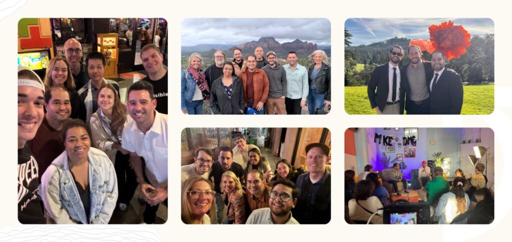 A collage of five group photos, featured in the 2025 Annual Report, shows people smiling in various indoor and outdoor settings, including a mountain landscape, a park, and gatherings at social events.