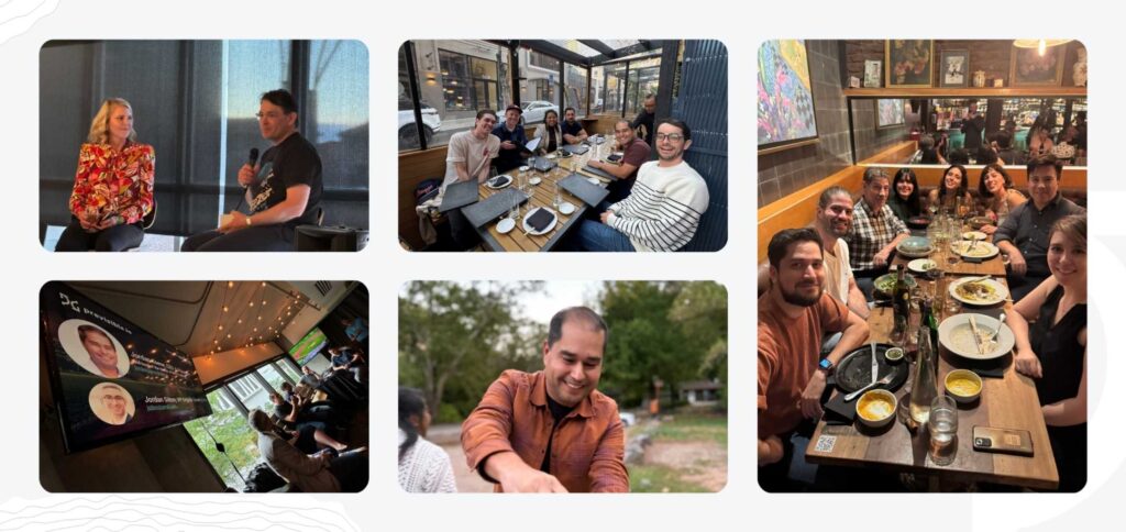 A collage of five photos from the 2025 Annual Report shows people at panel discussions, group meals at restaurants, and a man smiling outdoors.