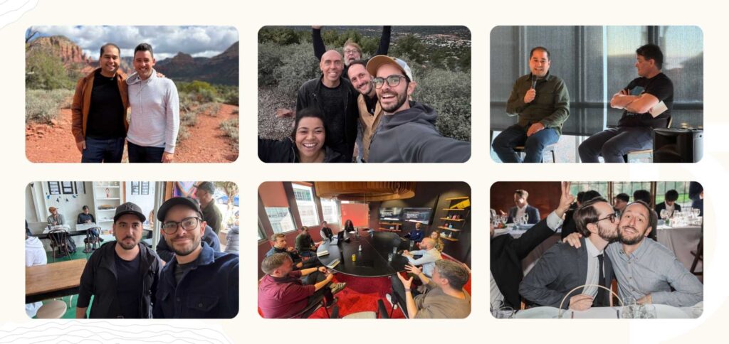 A collage of six photos showing groups of people socializing, posing outdoors, sitting in meetings, and sharing meals in casual and professional settings for the 2025 Annual Report.