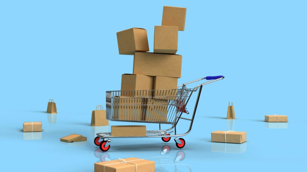A shopping cart filled and stacked with cardboard boxes, surrounded by more packages, illustrates the fast pace of ecommerce, set against a blue background.