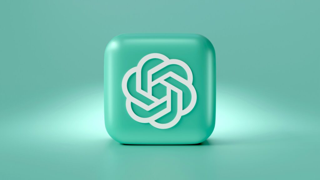 A teal 3D square with rounded edges featuring the white OpenAI logo on its front, set against a matching teal background—perfect for enterprise brands seeking AI search visibility.