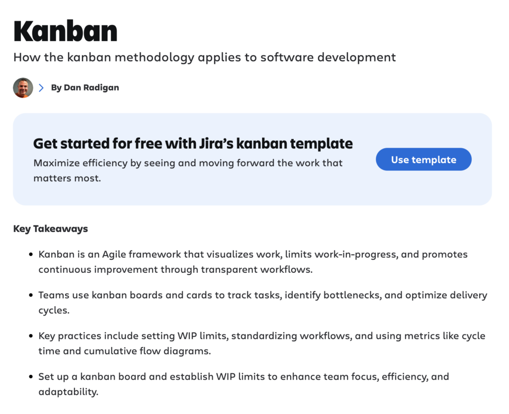 Screenshot of an article titled "Kanban" explaining how kanban applies to software development, with a promo for Jira’s kanban template and a list of key takeaways—ideal for those exploring winning content formats and AI SEO strategies.
