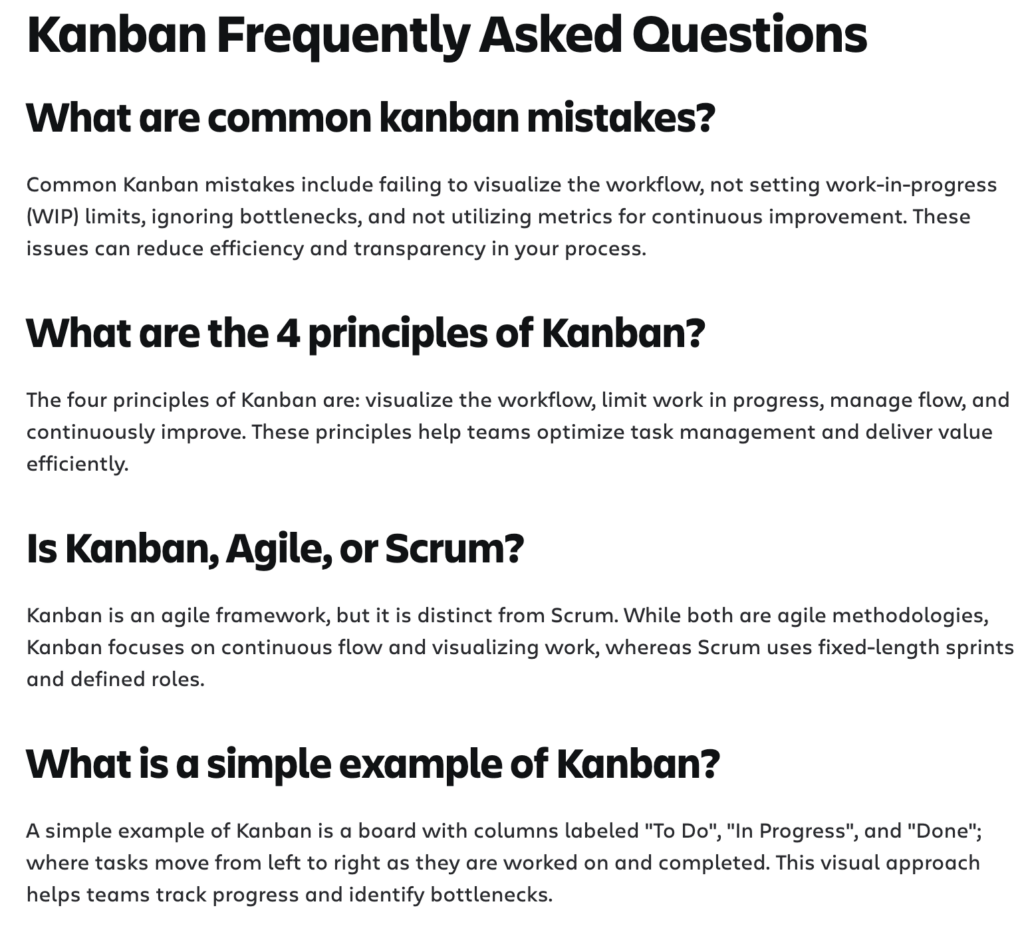 Screenshot of a FAQ section about Kanban, covering common mistakes, Kanban principles, differences from Scrum, and a simple Kanban task board example—ideal for those exploring content formats or optimizing project workflows for SEO.