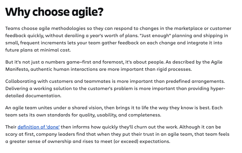 Screenshot of a webpage explaining the benefits of agile methodologies, highlighting adaptability, collaboration, and the importance of team ownership in project management—including how AI can enhance these principles across various content formats.