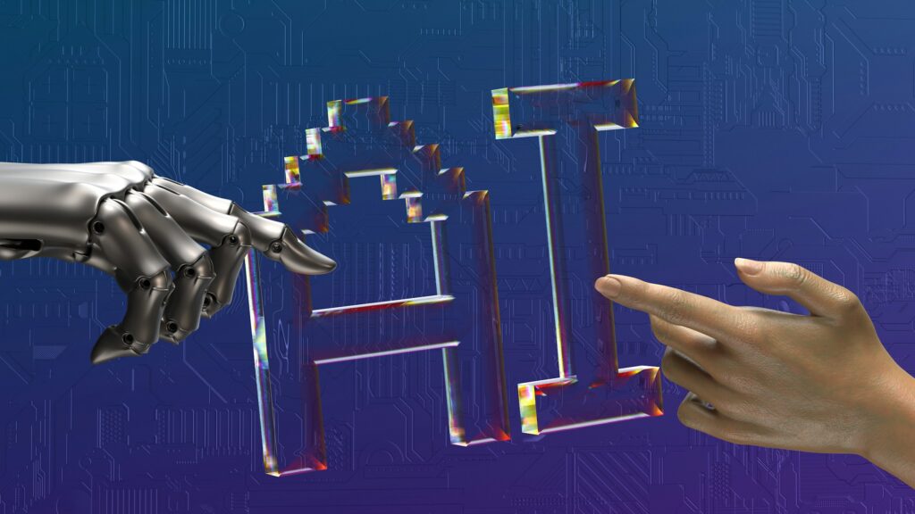 A robotic hand and a human hand point toward transparent "AI" letters against a blue background with circuit patterns, symbolizing the synergy of AI and humans in creating winning content across diverse content formats.