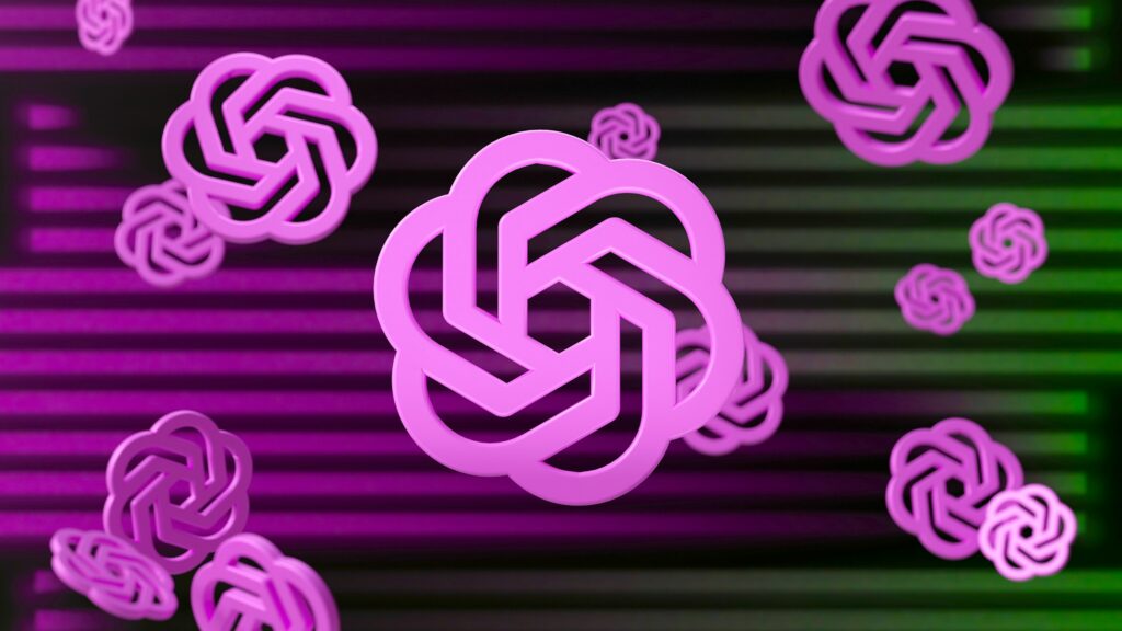 Multiple pink OpenAI logos are displayed against a background of horizontal green and purple lines, evoking the dynamic interplay of AI responses and brand sources in modern digital design.