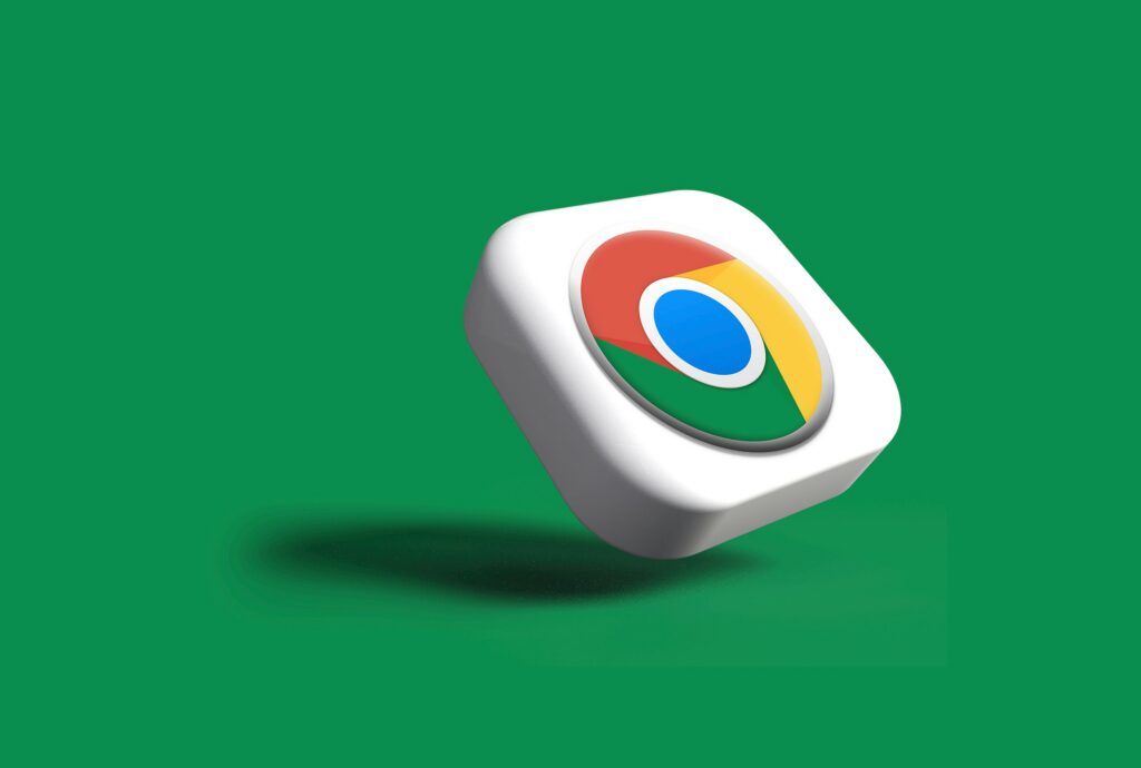 A 3D-rendered square button featuring the Google Chrome logo floats above a solid green background, casting a shadow—perfect for CMOs focused on organic KPIs and visualizing digital impact.