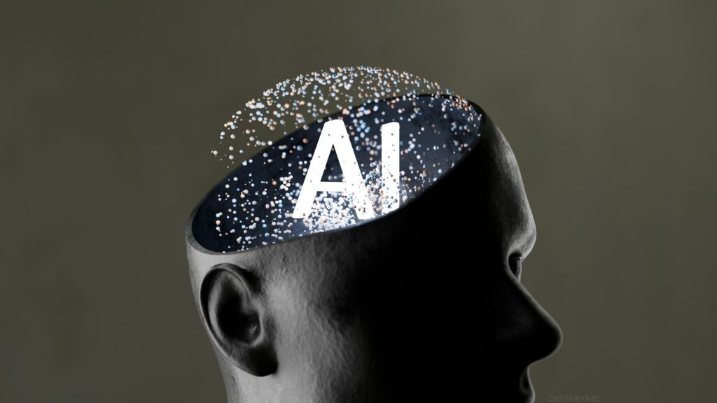 A human head sculpture with the top removed reveals the letters "AI" inside, surrounded by floating dots, symbolizing artificial intelligence, buyer research, and technology.