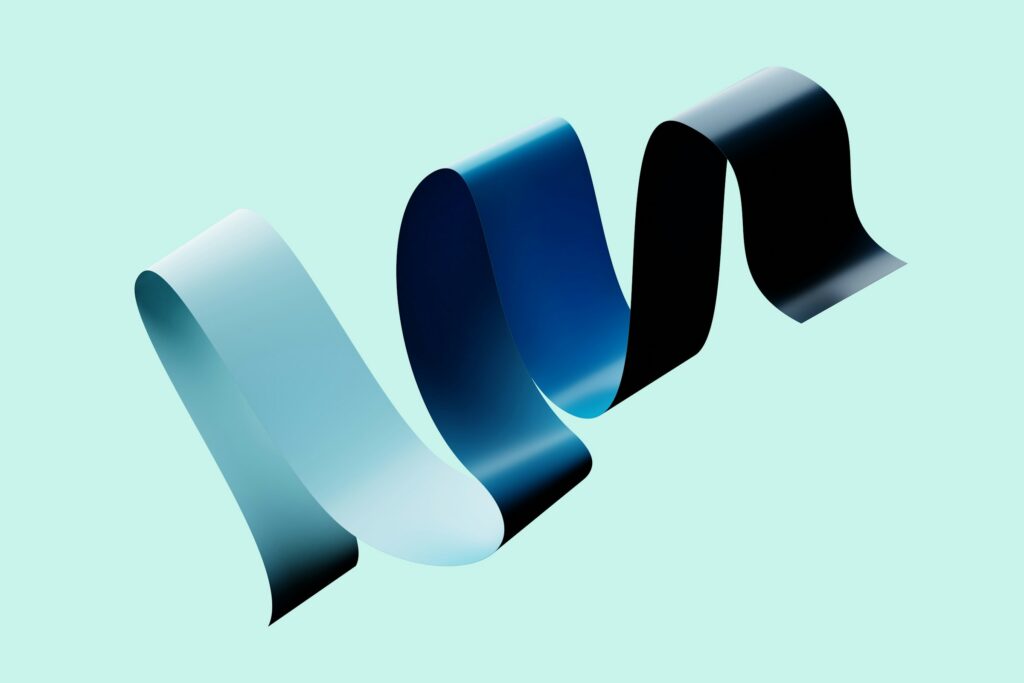 A smooth, gradient blue-black ribbon curves in loose waves against a pale mint background, evoking the gentle flow of LLM visibility tracking.