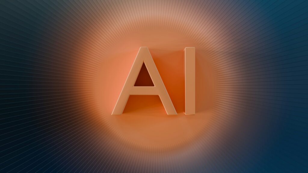 Large orange "AI" letters are centered on a radiating blue and orange background, symbolizing zero-click AI results with light emanating outward in a circular pattern.