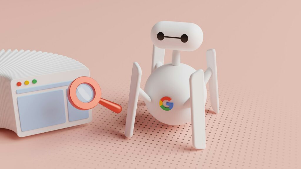 A stylized robot with the Google logo stands next to a web browser window and a magnifying glass on a pink background, symbolizing SEO and clicks analysis.