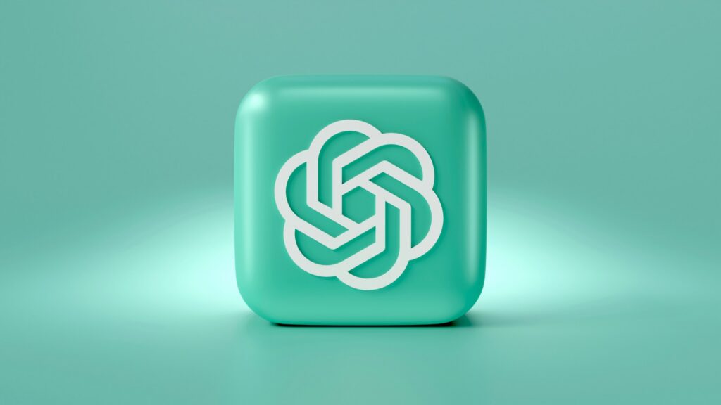 A teal 3D square with rounded edges featuring the white OpenAI logo on its front, set against a matching teal background—perfect for enterprise brands seeking AI search visibility.