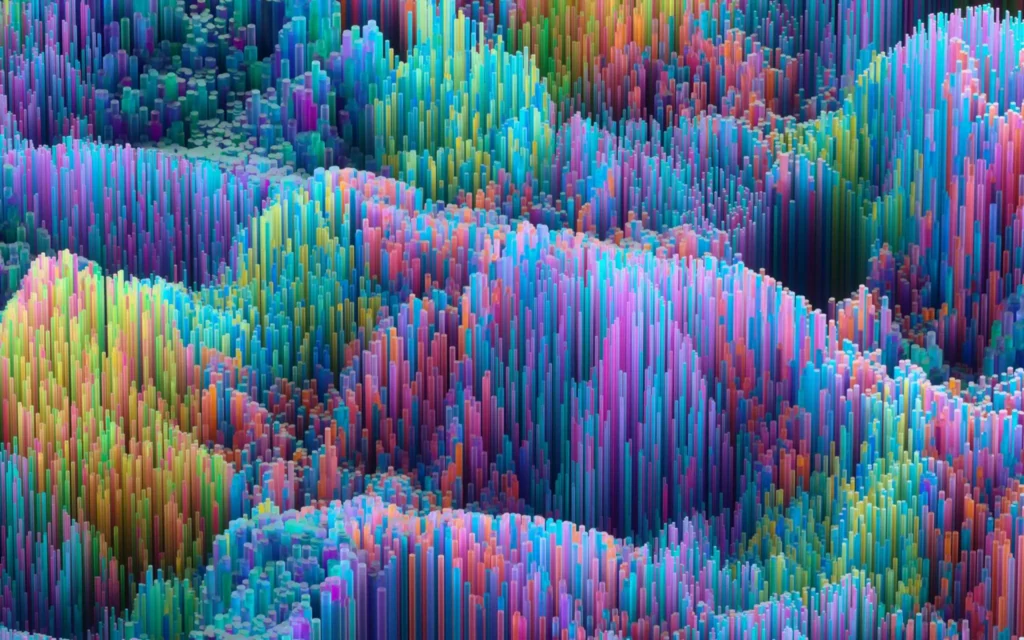 Colorful abstract landscape of tall, densely packed 3D rectangular bars in vibrant rainbow hues.