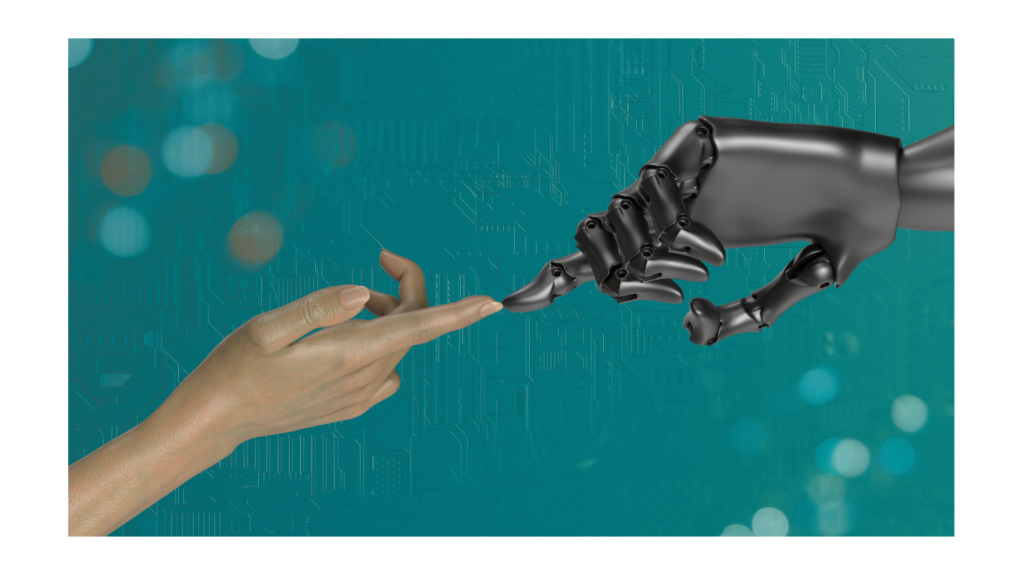 A human hand and a robotic hand reach out, nearly touching fingers against a teal background.