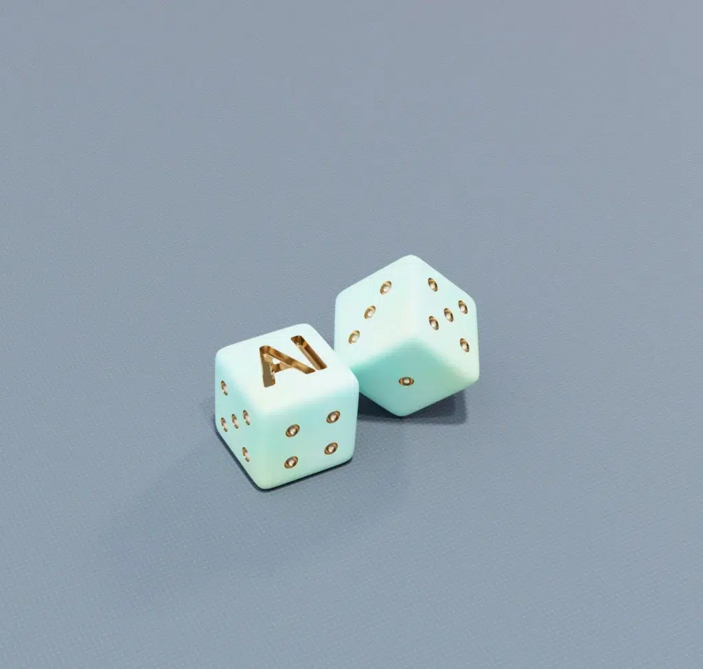 Two light blue dice with gold dots, one showing "AI" instead of numbers, on a light gray surface.